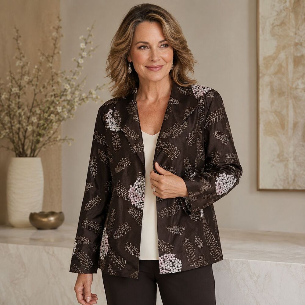 Pamela McCoy Embroidered Floral Jacket Brown Satin Shimmer Hook Eye Size 1X